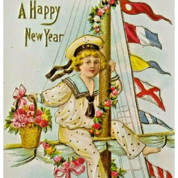 New Years Postcard Navy Sailor Boy CAD Hat Cap Embossed Flags Antique Unused - Picture 1 of 4